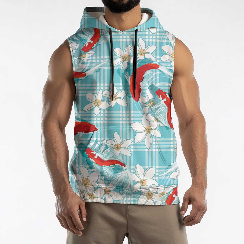 Turquoise Palaka Hawaii Aloha Sleeveless Hoodie Koi Pond Mix Plumeria - Polynesian Pride