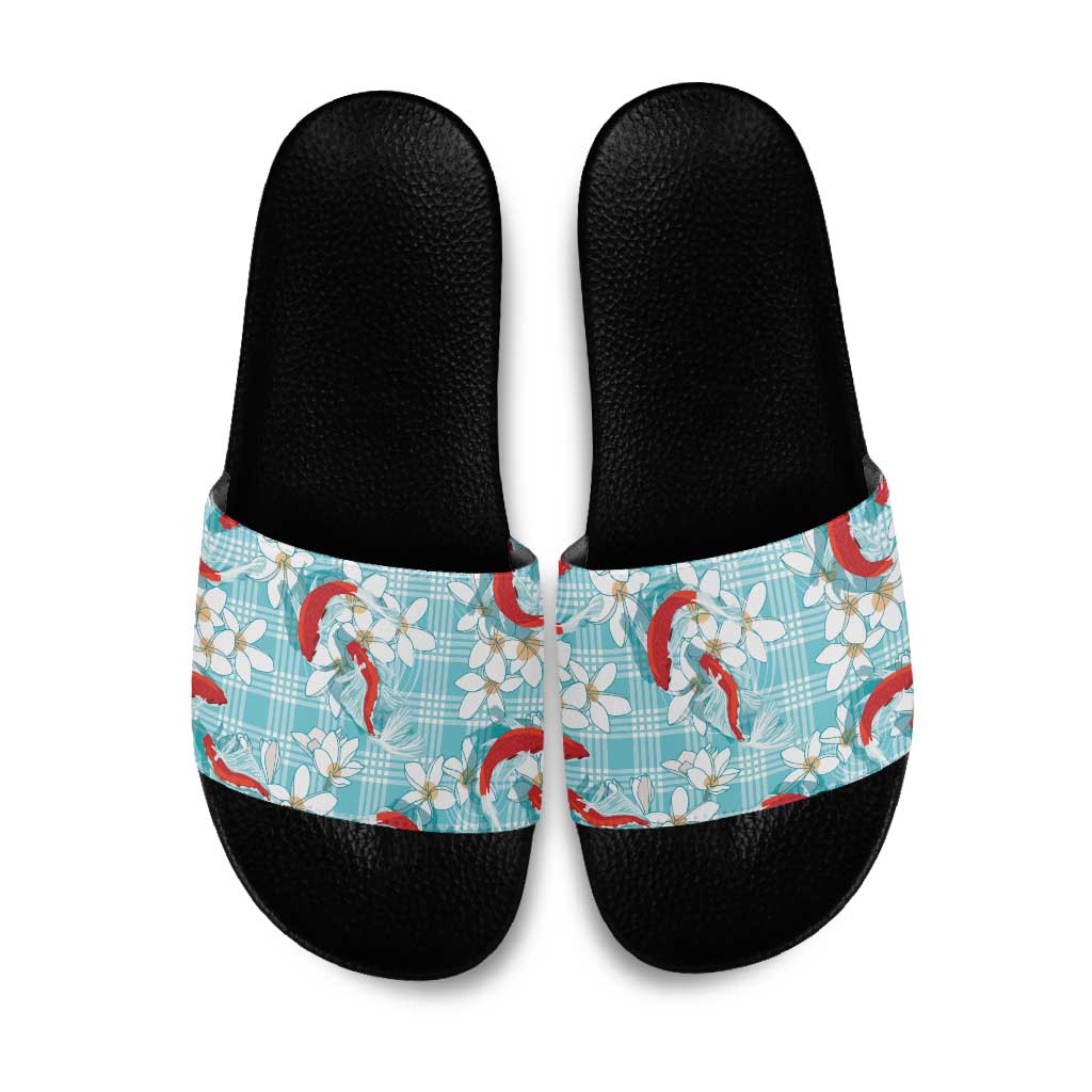 Turquoise Palaka Hawaii Aloha Slide Sandals Koi Pond Mix Plumeria - Polynesian Pride