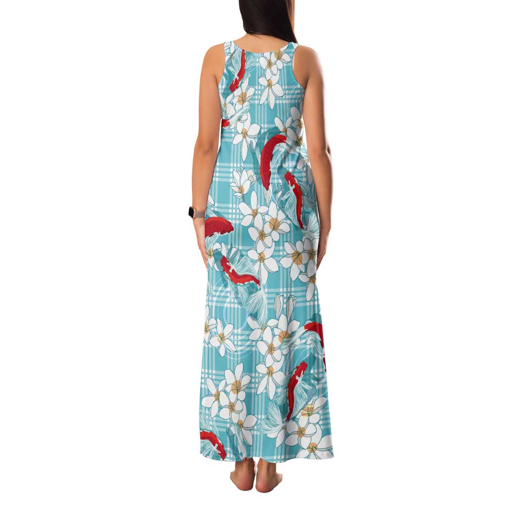 Turquoise Palaka Hawaii Aloha Tank Maxi Dress Koi Pond Mix Plumeria - Polynesian Pride