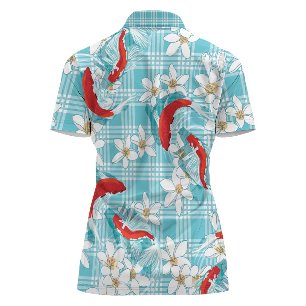 Turquoise Palaka Hawaii Aloha Women Polo Shirt Koi Pond Mix Plumeria - Polynesian Pride