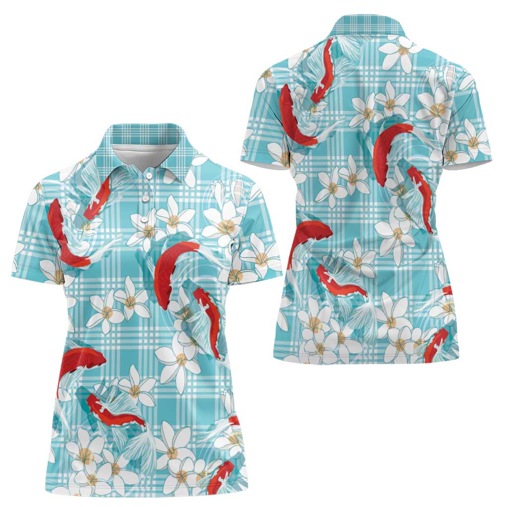 Turquoise Palaka Hawaii Aloha Women Polo Shirt Koi Pond Mix Plumeria - Polynesian Pride