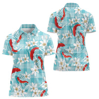 Turquoise Palaka Hawaii Aloha Women Polo Shirt Koi Pond Mix Plumeria - Polynesian Pride