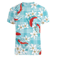 Turquoise Palaka Hawaii Aloha Women V-Neck T-Shirt Koi Pond Mix Plumeria - Polynesian Pride