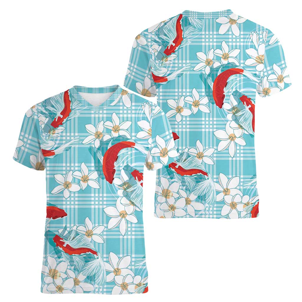Turquoise Palaka Hawaii Aloha Women V-Neck T-Shirt Koi Pond Mix Plumeria - Polynesian Pride