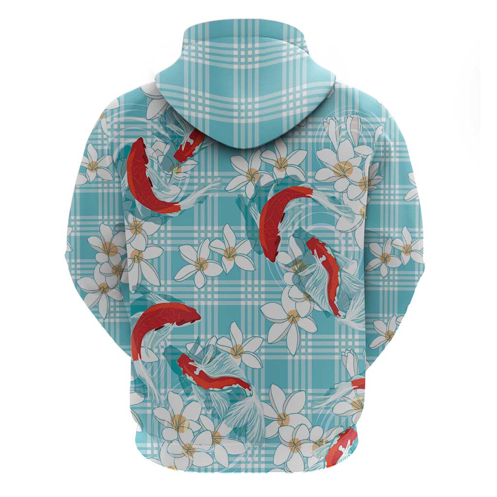 Turquoise Palaka Hawaii Aloha Zip Hoodie Koi Pond Mix Plumeria - Polynesian Pride