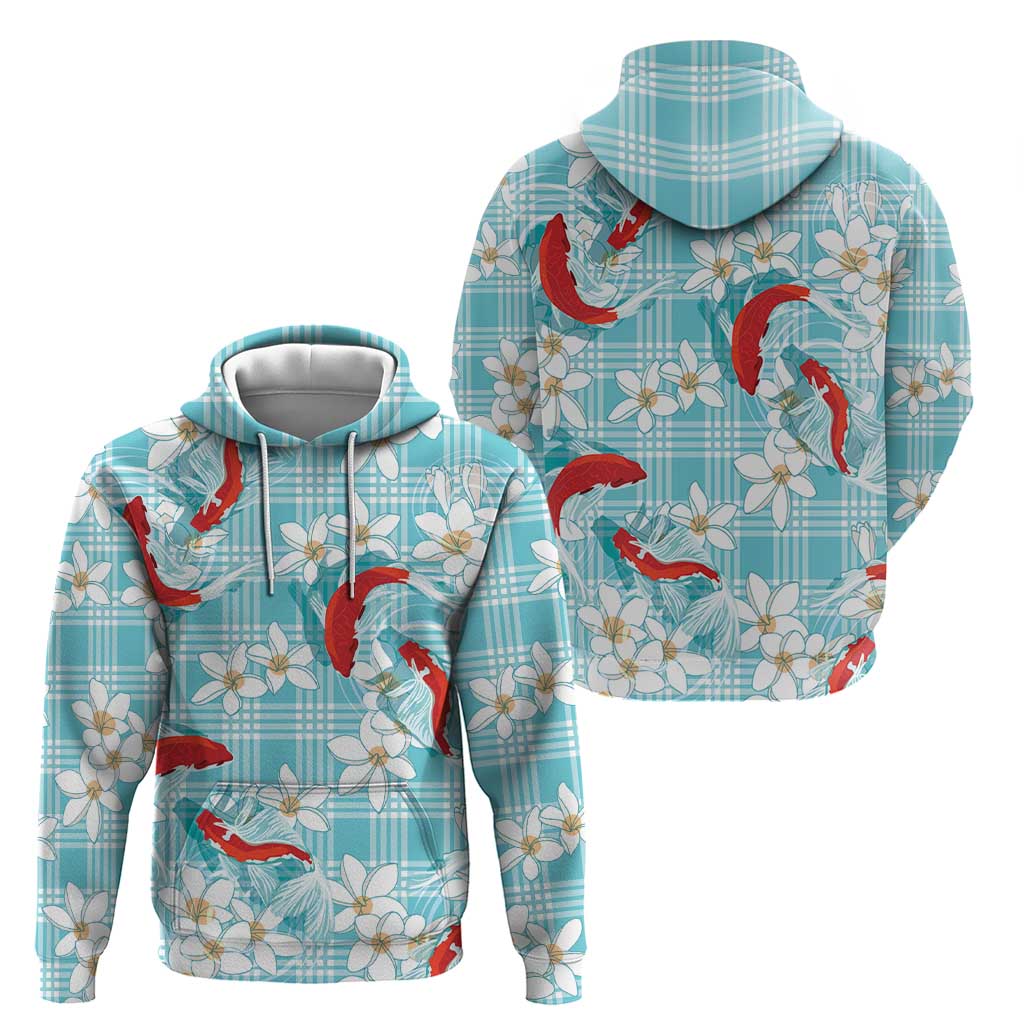 Turquoise Palaka Hawaii Aloha Zip Hoodie Koi Pond Mix Plumeria - Polynesian Pride