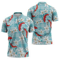 Turquoise Palaka Hawaii Aloha Zipper Polo Shirt Koi Pond Mix Plumeria - Polynesian Pride