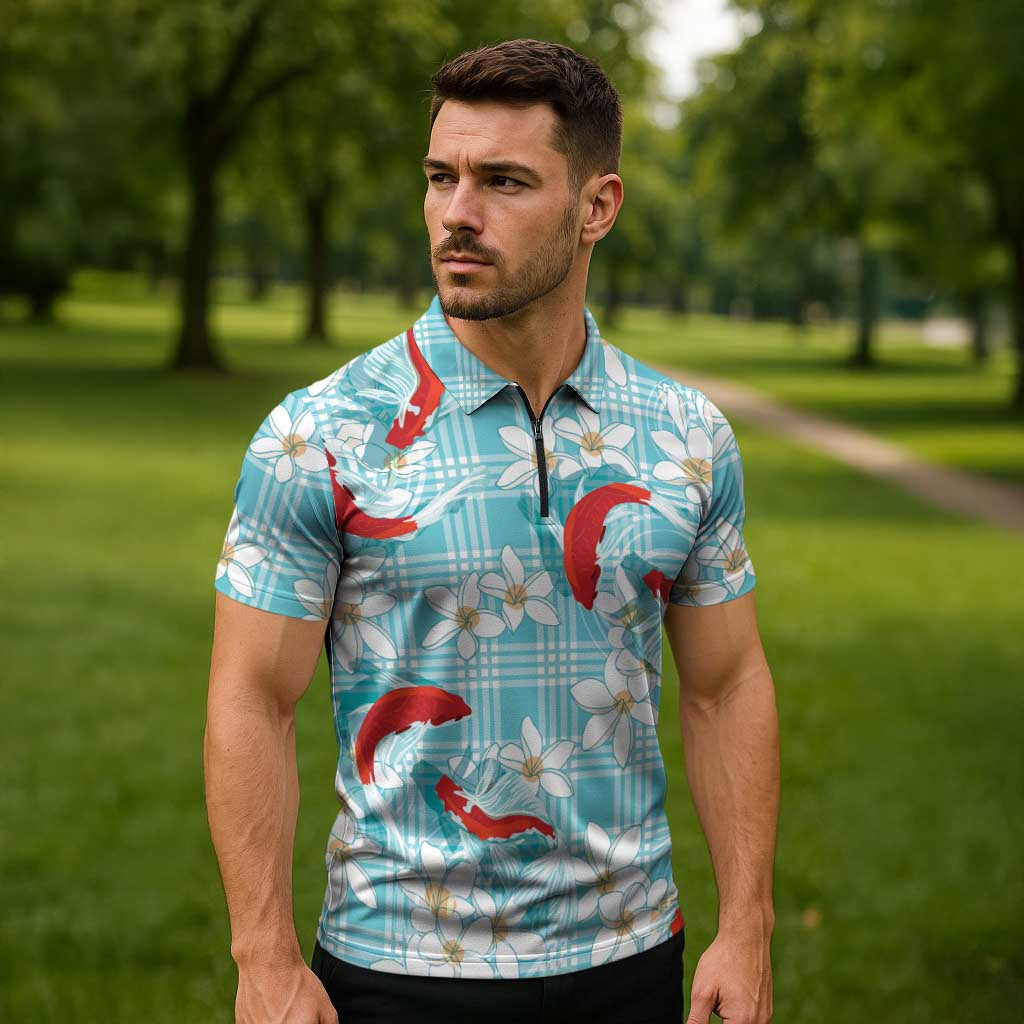 Turquoise Palaka Hawaii Aloha Zipper Polo Shirt Koi Pond Mix Plumeria - Polynesian Pride