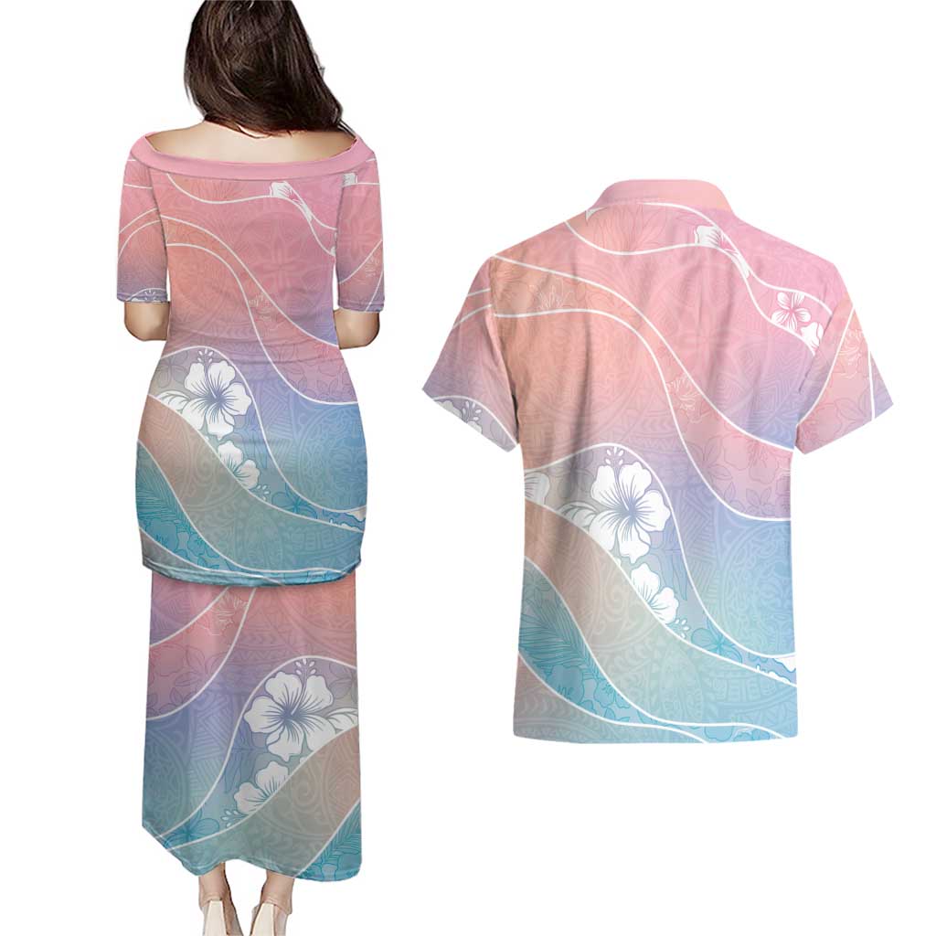 Aloha Hawaii Floral Tapa Couples Matching Puletasi and Hawaiian Shirt Patchwork Pastel Candy - Polynesian Pride