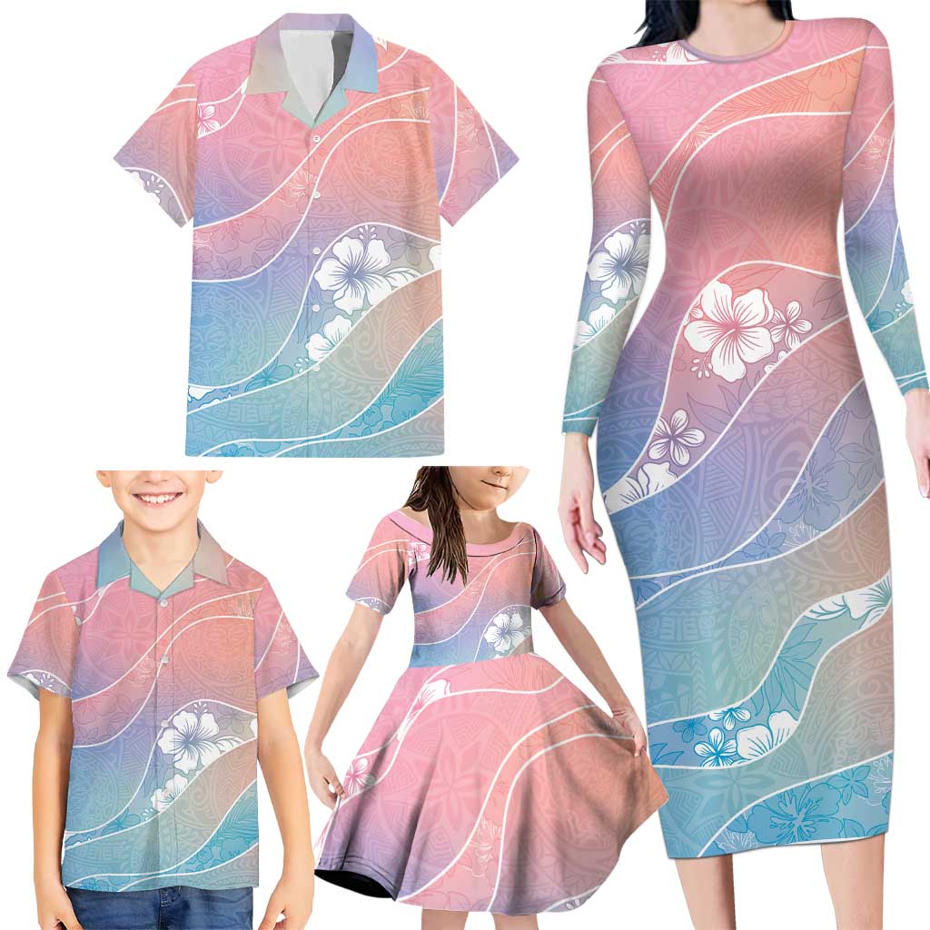 Aloha Hawaii Floral Tapa Family Matching Long Sleeve Bodycon Dress and Hawaiian Shirt Patchwork Pastel Candy LT7 - Polynesian Pride