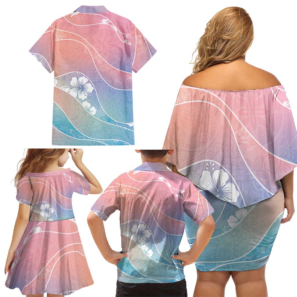 Aloha Hawaii Floral Tapa Family Matching Off Shoulder Short Dress and Hawaiian Shirt Patchwork Pastel Candy - Polynesian Pride