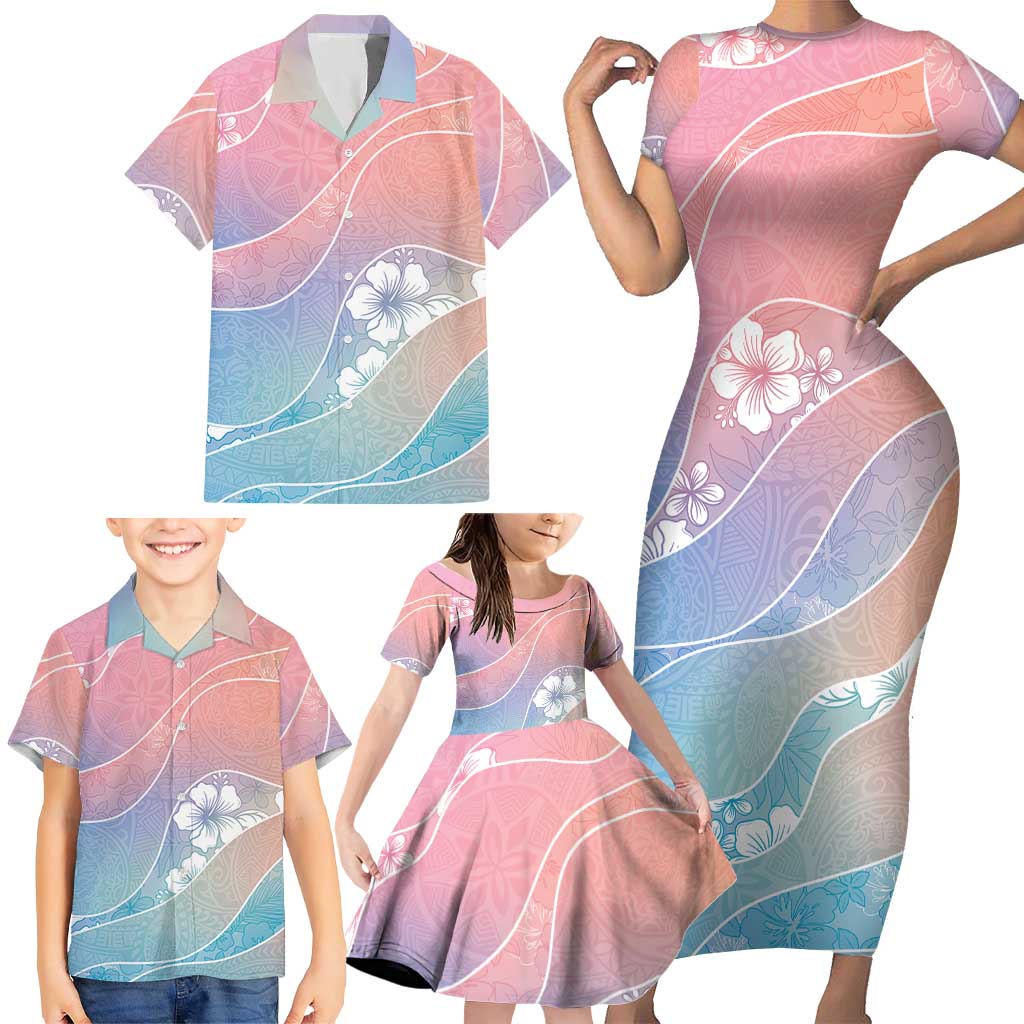 Aloha Hawaii Floral Tapa Family Matching Short Sleeve Bodycon Dress and Hawaiian Shirt Patchwork Pastel Candy - Polynesian Pride