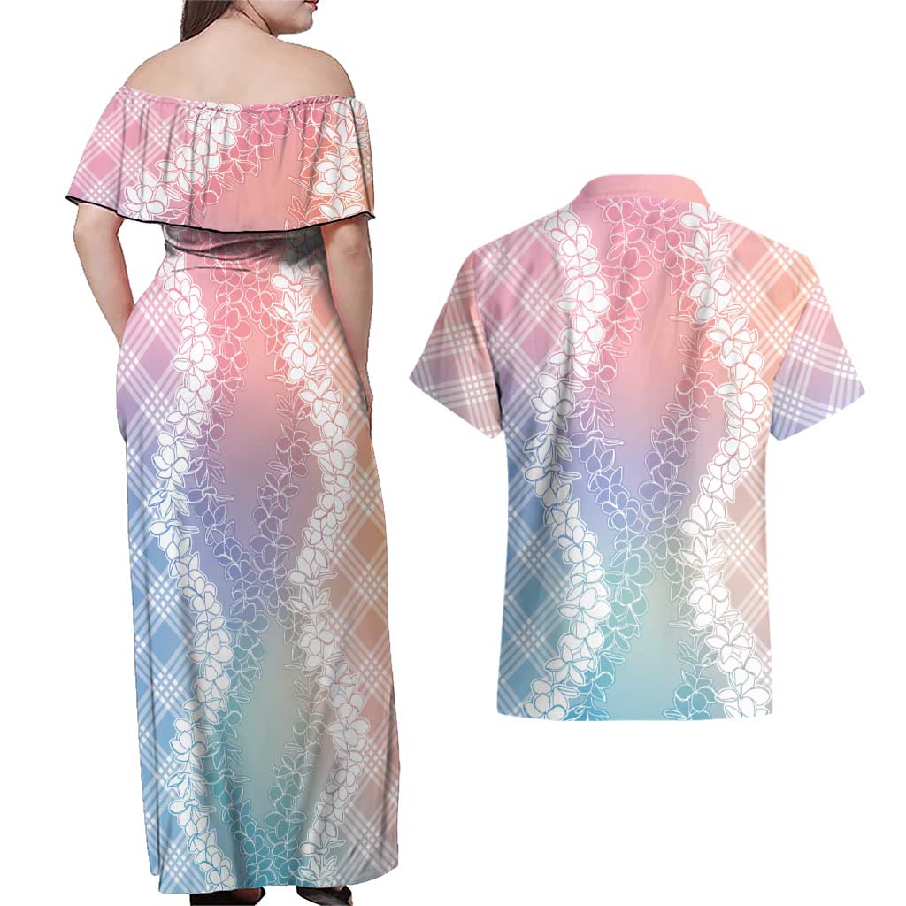 Hawaii Aloha Plumeria Lei Pastel Candy Palaka Couples Matching Off Shoulder Maxi Dress and Hawaiian Shirt - Polynesian Pride