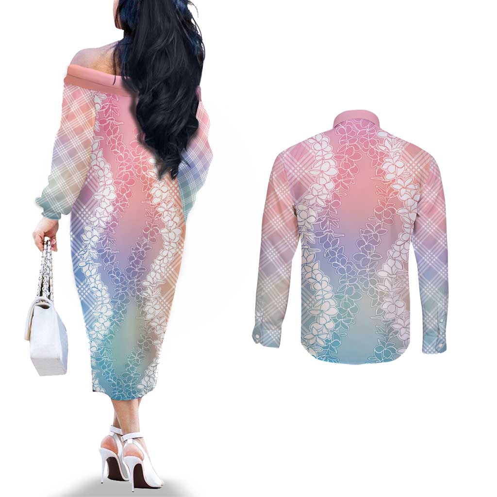 Hawaii Aloha Plumeria Lei Pastel Candy Palaka Couples Matching Off The Shoulder Long Sleeve Dress and Long Sleeve Button Shirt - Polynesian Pride