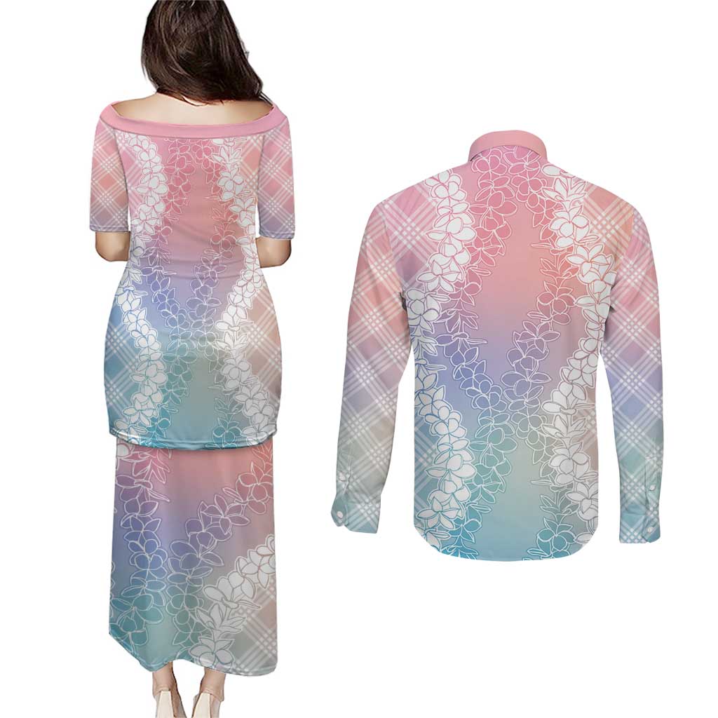 Hawaii Aloha Plumeria Lei Pastel Candy Palaka Couples Matching Puletasi and Long Sleeve Button Shirt - Polynesian Pride