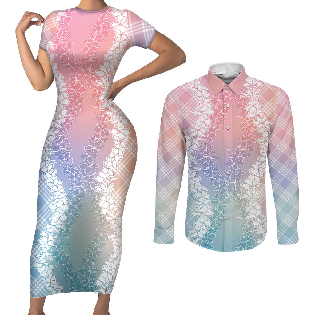 Hawaii Aloha Plumeria Lei Pastel Candy Palaka Couples Matching Short Sleeve Bodycon Dress and Long Sleeve Button Shirt - Polynesian Pride