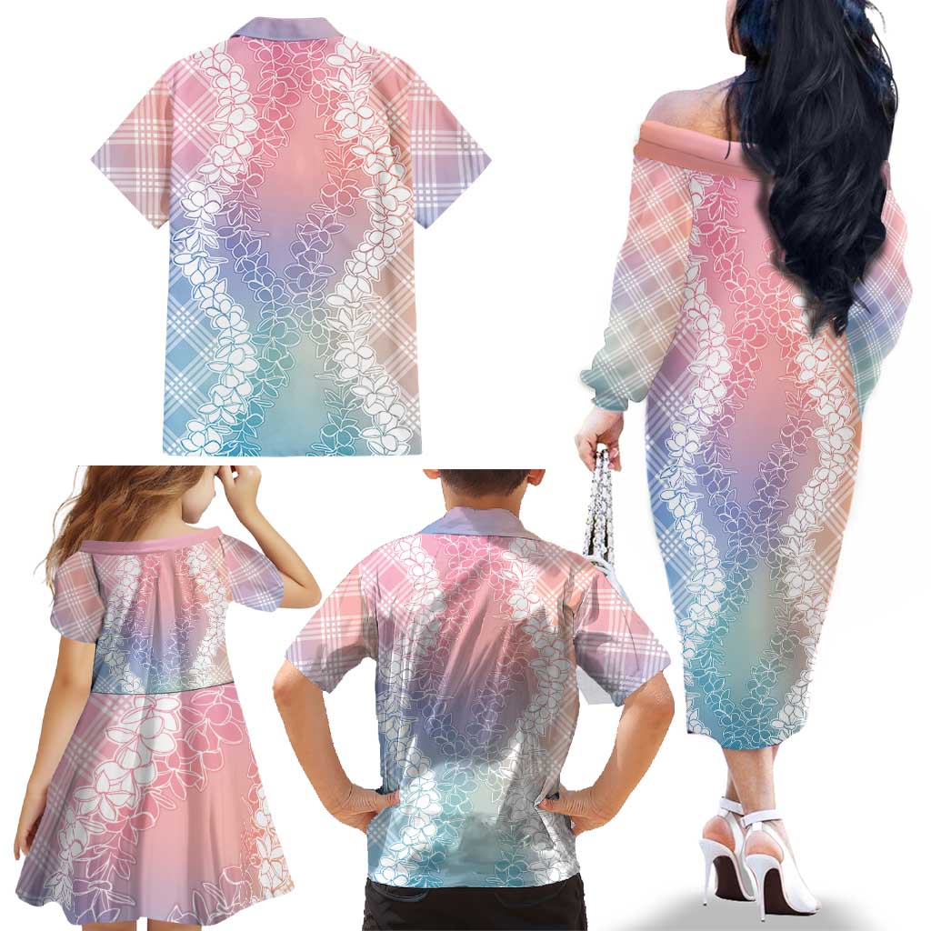 Hawaii Aloha Plumeria Lei Pastel Candy Palaka Family Matching Off The Shoulder Long Sleeve Dress and Hawaiian Shirt LT7 - Polynesian Pride