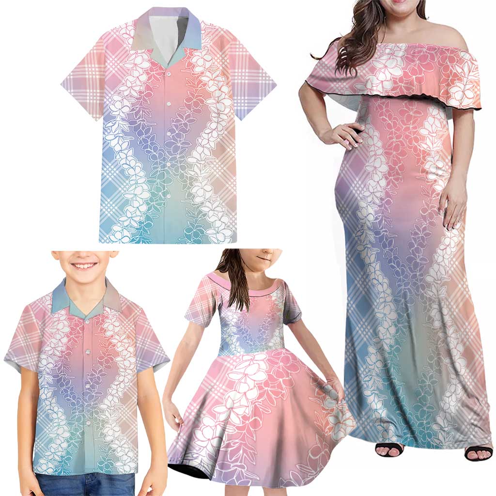 Hawaii Aloha Plumeria Lei Pastel Candy Palaka Family Matching Off Shoulder Maxi Dress and Hawaiian Shirt - Polynesian Pride
