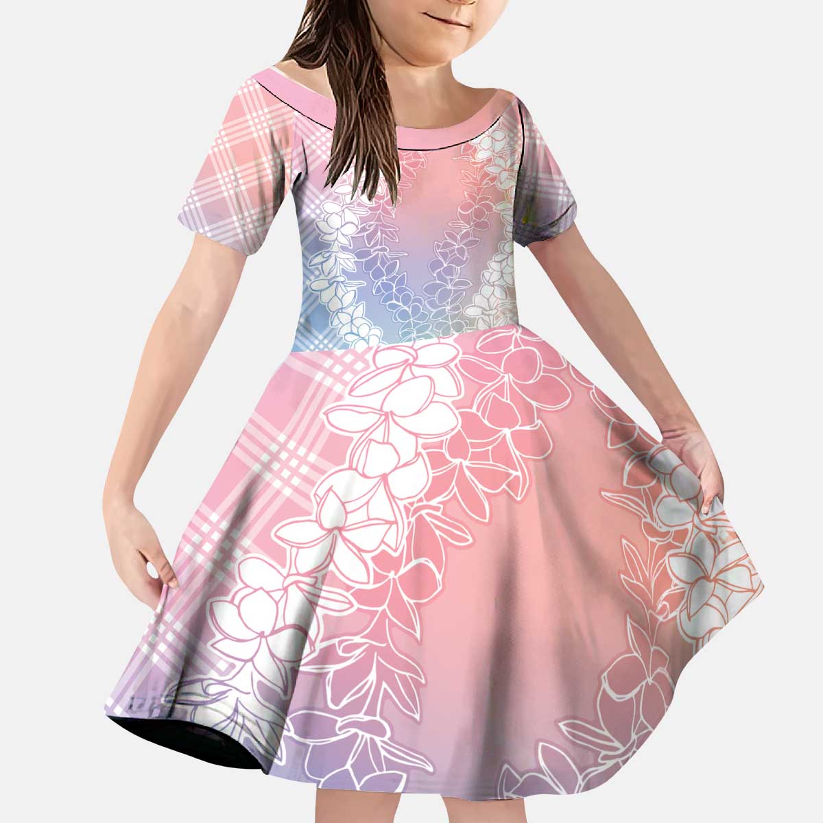 Hawaii Aloha Plumeria Lei Pastel Candy Palaka Kid Short Sleeve Dress - Polynesian Pride