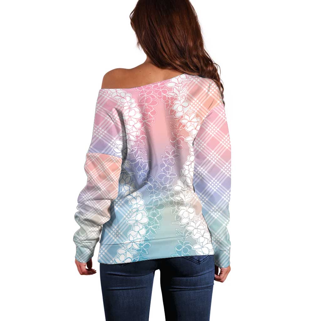 Hawaii Aloha Plumeria Lei Pastel Candy Palaka Off Shoulder Sweater - Polynesian Pride