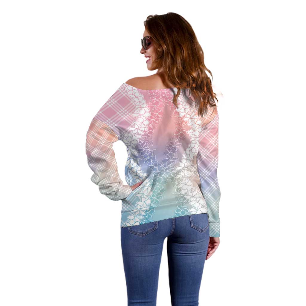 Hawaii Aloha Plumeria Lei Pastel Candy Palaka Off Shoulder Sweater - Polynesian Pride