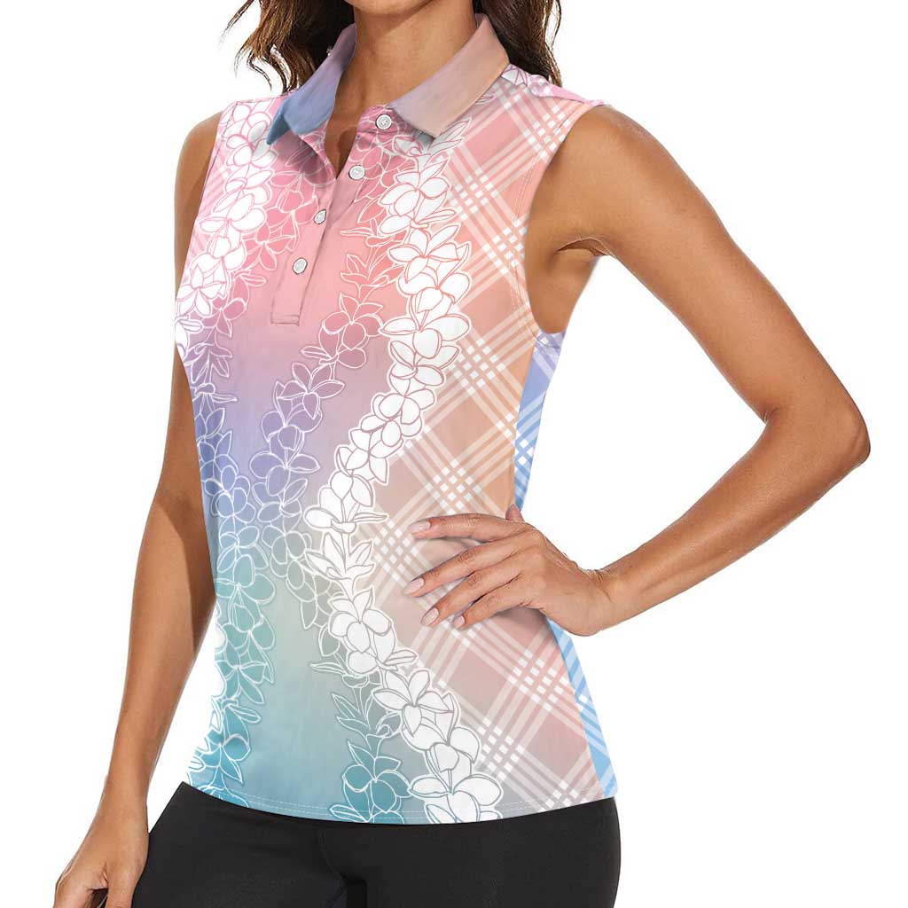 Hawaii Aloha Plumeria Lei Pastel Candy Palaka Women Sleeveless Polo Shirt - Polynesian Pride