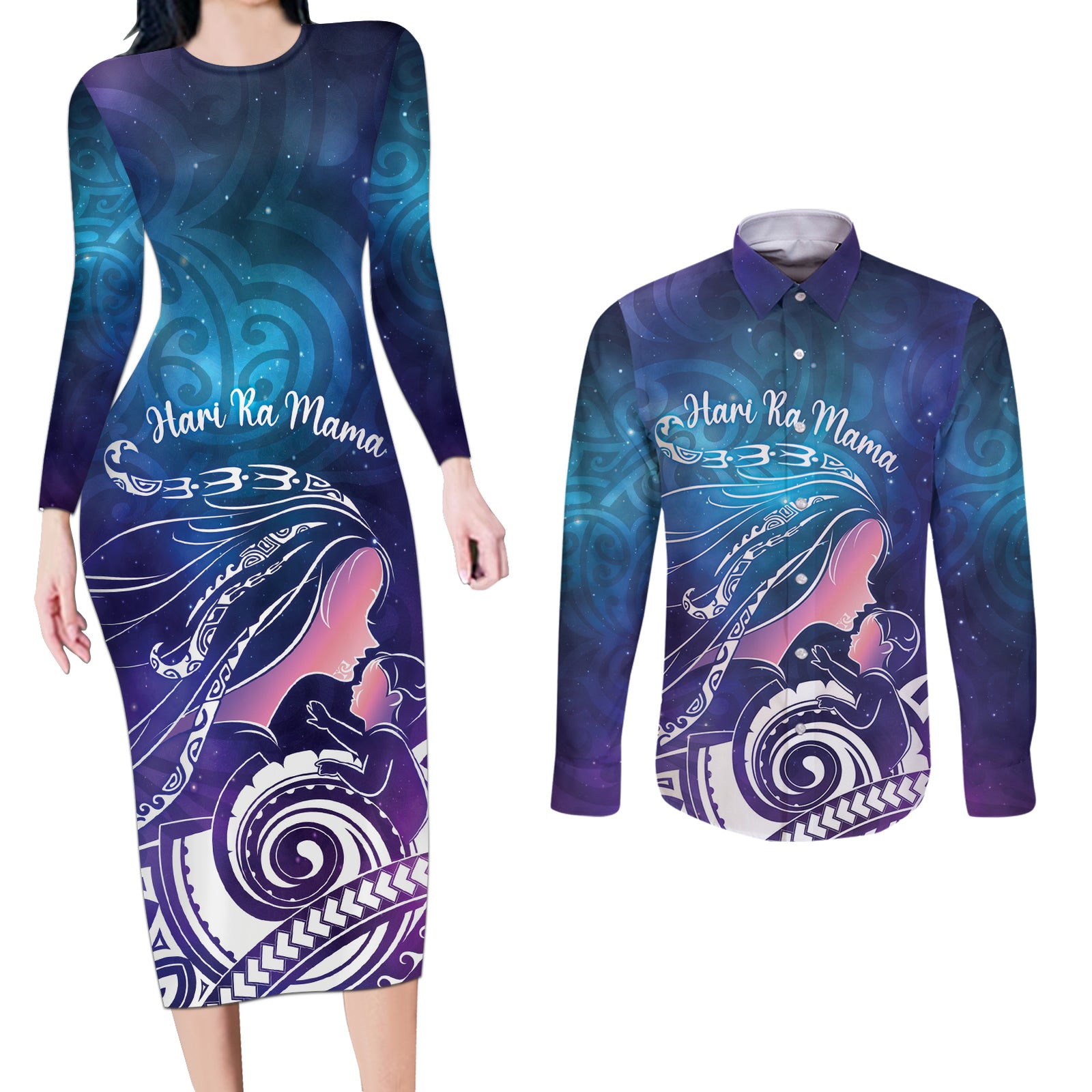 New Zealand Mother's Day Couples Matching Long Sleeve Bodycon Dress and Long Sleeve Button Shirt Maori Hari Ra Mama