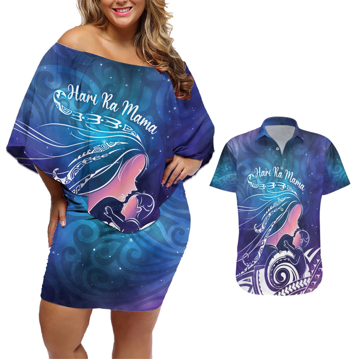 New Zealand Mother's Day Couples Matching Off Shoulder Short Dress and Hawaiian Shirt Maori Hari Ra Mama LT7 Galaxy - Polynesian Pride