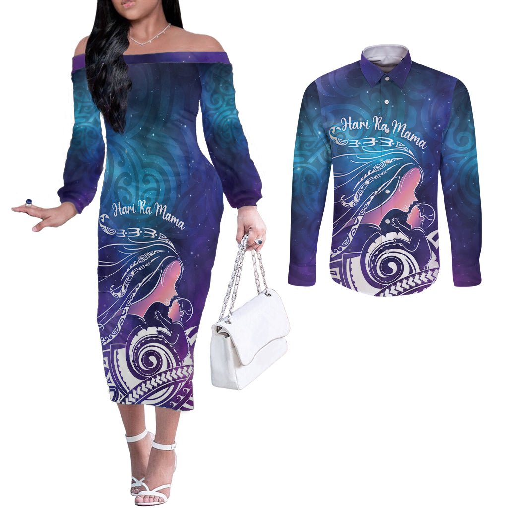 New Zealand Mother's Day Couples Matching Off The Shoulder Long Sleeve Dress and Long Sleeve Button Shirt Maori Hari Ra Mama LT7 Galaxy - Polynesian Pride
