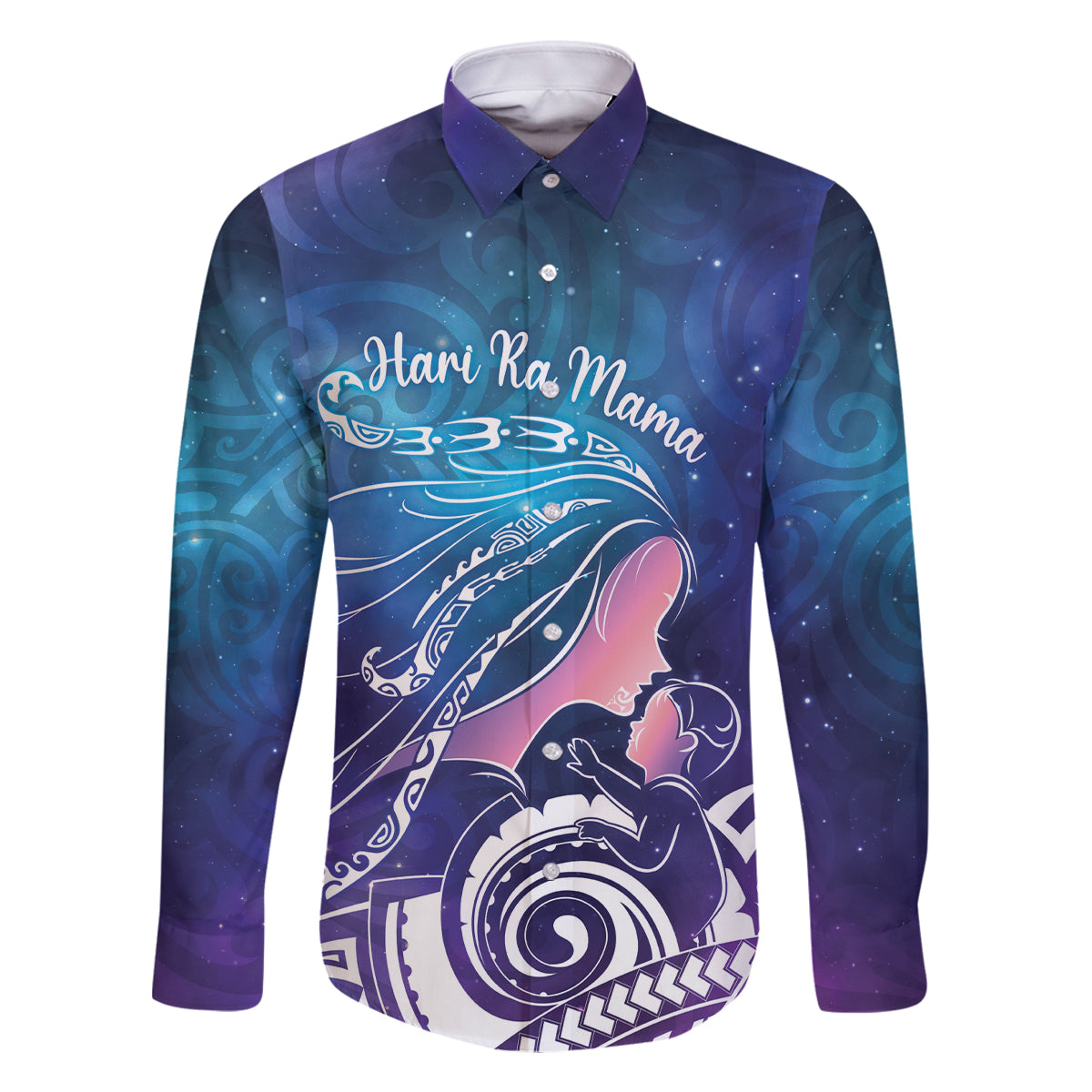 New Zealand Mother's Day Family Matching Mermaid Dress and Hawaiian Shirt Maori Hari Ra Mama LT7 Dad's Shirt - Long Sleeve Galaxy - Polynesian Pride