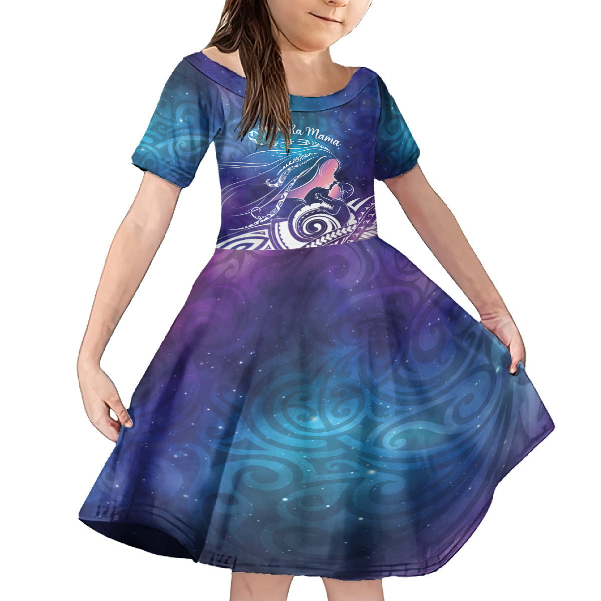 New Zealand Mother's Day Family Matching Off Shoulder Maxi Dress and Hawaiian Shirt Maori Hari Ra Mama LT7 Daughter's Dress Galaxy - Polynesian Pride