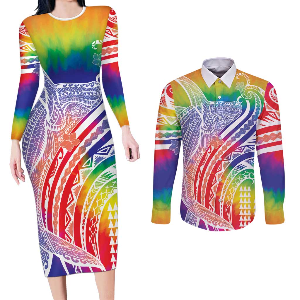 Aloha Pride Rainbow Tie Dye Couples Matching Long Sleeve Bodycon Dress and Long Sleeve Button Shirt Humpback Whale - Love is Love