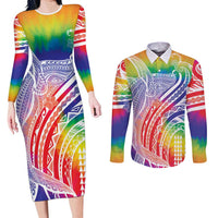 Aloha Pride Rainbow Tie Dye Couples Matching Long Sleeve Bodycon Dress and Long Sleeve Button Shirt Humpback Whale - Love is Love