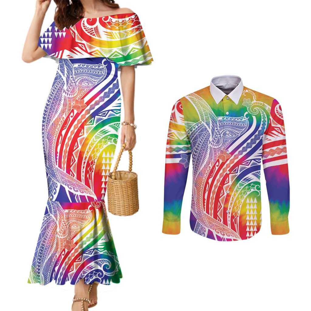 Aloha Pride Rainbow Tie Dye Couples Matching Mermaid Dress and Long Sleeve Button Shirt Humpback Whale - Love is Love