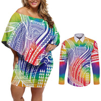 Aloha Pride Rainbow Tie Dye Couples Matching Off Shoulder Short Dress and Long Sleeve Button Shirt Humpback Whale - Love is Love
