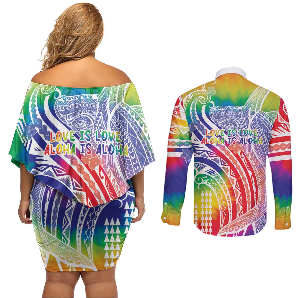 Aloha Pride Rainbow Tie Dye Couples Matching Off Shoulder Short Dress and Long Sleeve Button Shirt Humpback Whale - Love is Love