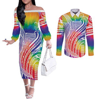 Aloha Pride Rainbow Tie Dye Couples Matching Off The Shoulder Long Sleeve Dress and Long Sleeve Button Shirt Humpback Whale - Love is Love