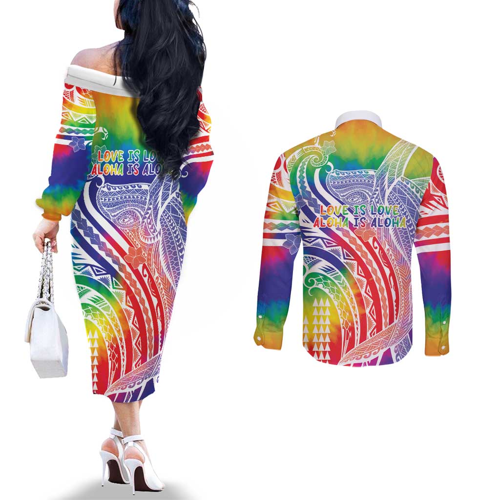 Aloha Pride Rainbow Tie Dye Couples Matching Off The Shoulder Long Sleeve Dress and Long Sleeve Button Shirt Humpback Whale - Love is Love