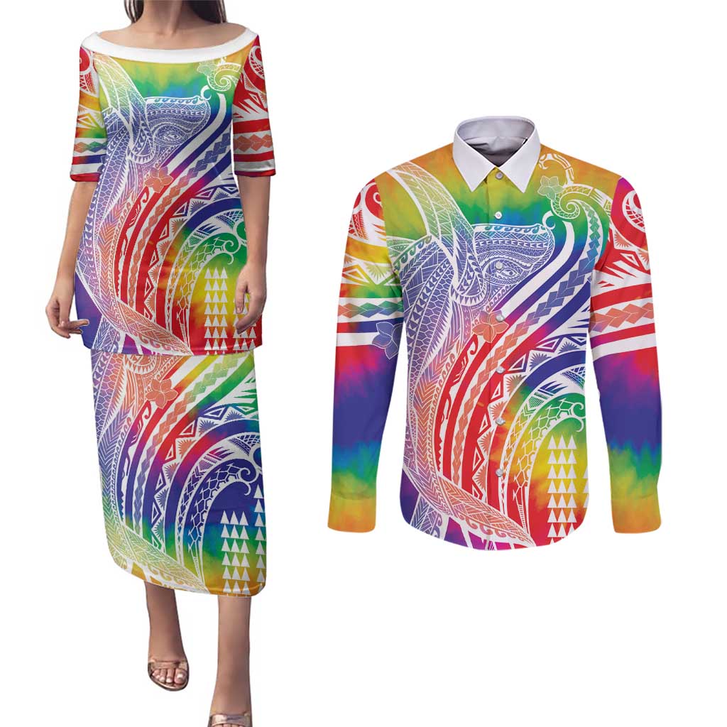 Aloha Pride Rainbow Tie Dye Couples Matching Puletasi and Long Sleeve Button Shirt Humpback Whale - Love is Love