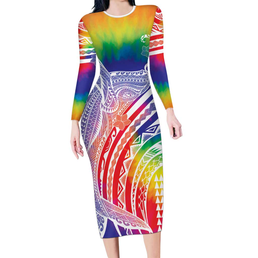Aloha Pride Rainbow Tie Dye Family Matching Long Sleeve Bodycon Dress and Hawaiian Shirt Humpback Whale - Love is Love LT7 Mom's Dress Colorful - Polynesian Pride