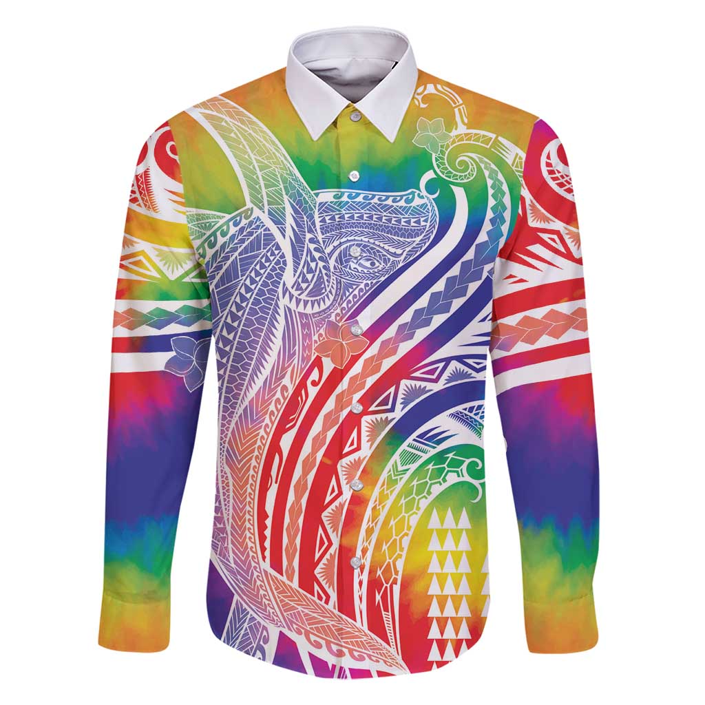 Aloha Pride Rainbow Tie Dye Family Matching Mermaid Dress and Hawaiian Shirt Humpback Whale - Love is Love LT7 Dad's Shirt - Long Sleeve Colorful - Polynesian Pride