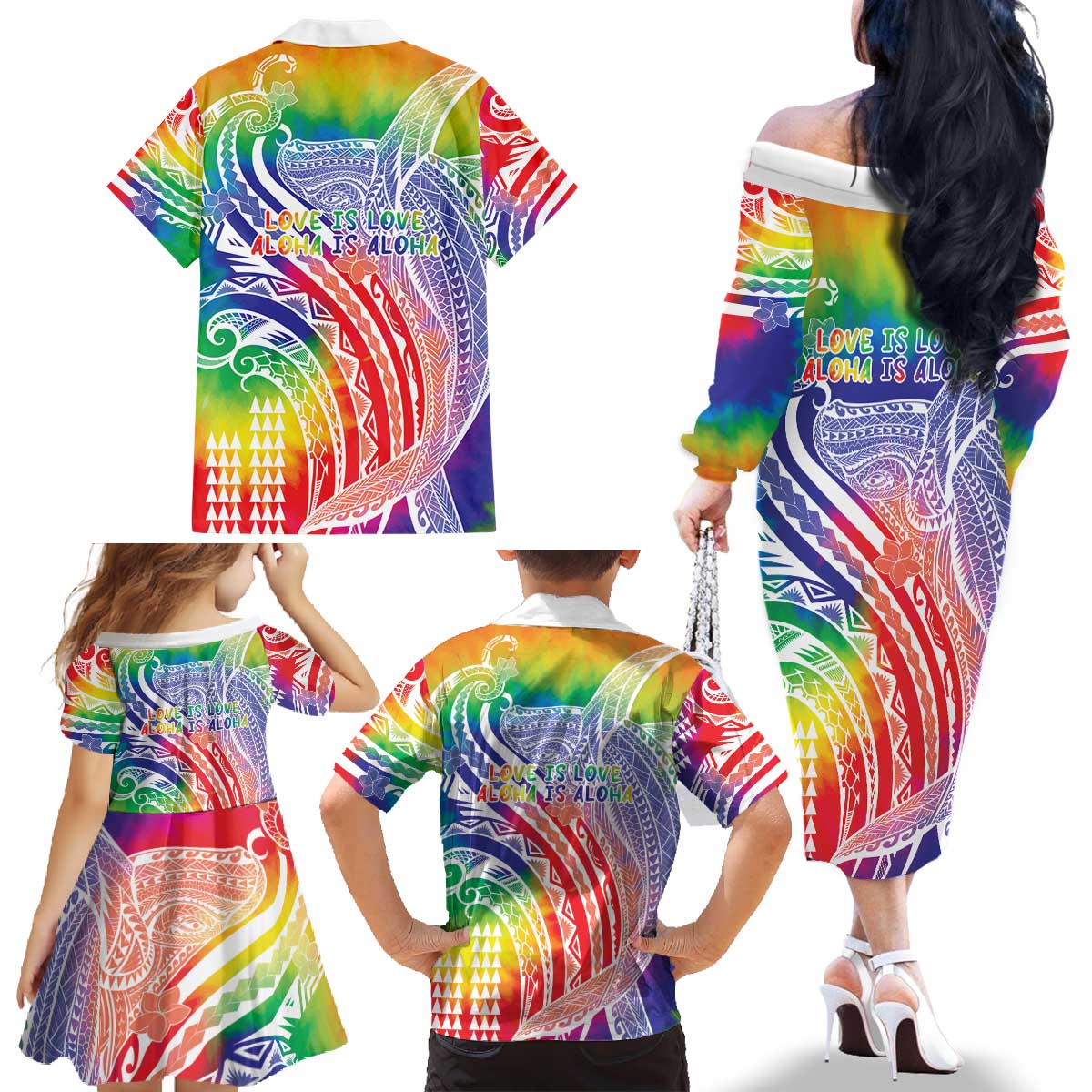 Aloha Pride Rainbow Tie Dye Family Matching Off The Shoulder Long Sleeve Dress and Hawaiian Shirt Humpback Whale - Love is Love LT7 - Polynesian Pride