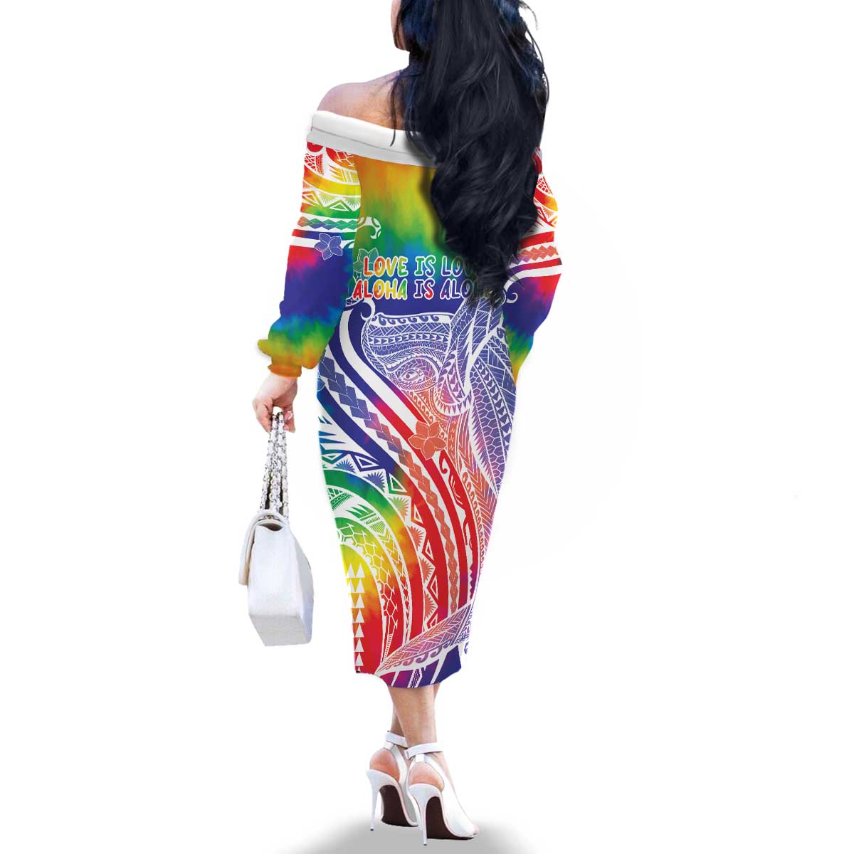 Aloha Pride Rainbow Tie Dye Family Matching Off The Shoulder Long Sleeve Dress and Hawaiian Shirt Humpback Whale - Love is Love LT7 - Polynesian Pride