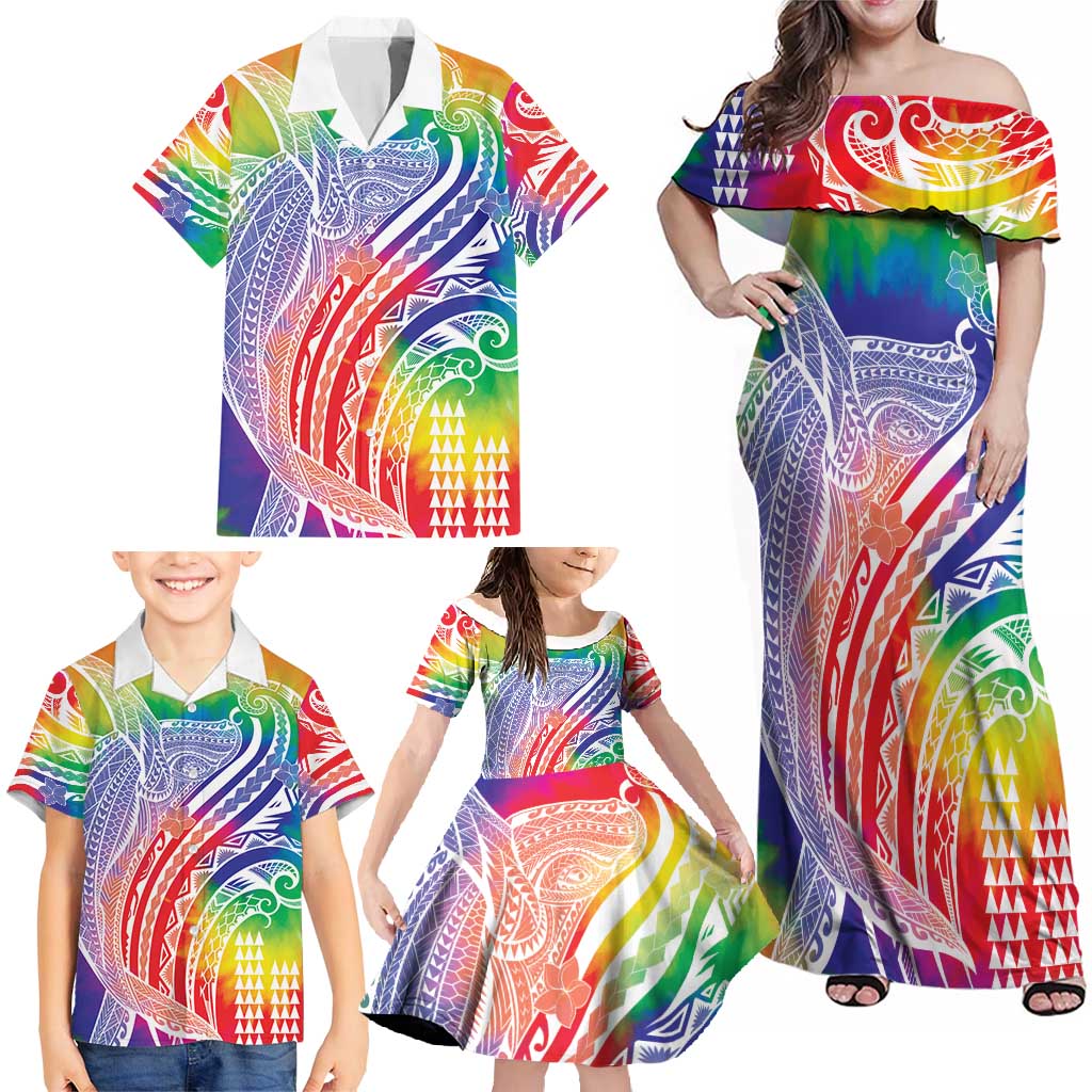 Aloha Pride Rainbow Tie Dye Family Matching Off Shoulder Maxi Dress and Hawaiian Shirt Humpback Whale - Love is Love LT7 - Polynesian Pride