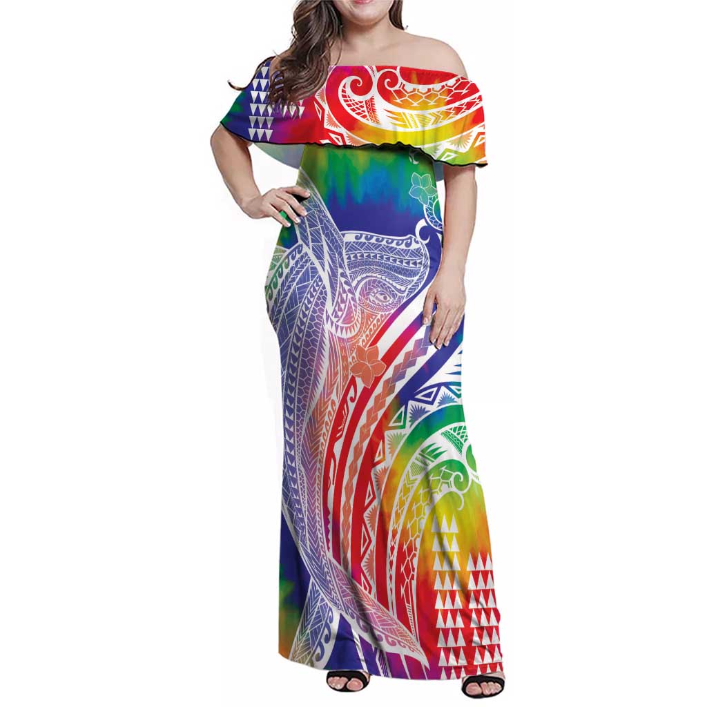 Aloha Pride Rainbow Tie Dye Family Matching Off Shoulder Maxi Dress and Hawaiian Shirt Humpback Whale - Love is Love LT7 Mom's Dress Colorful - Polynesian Pride