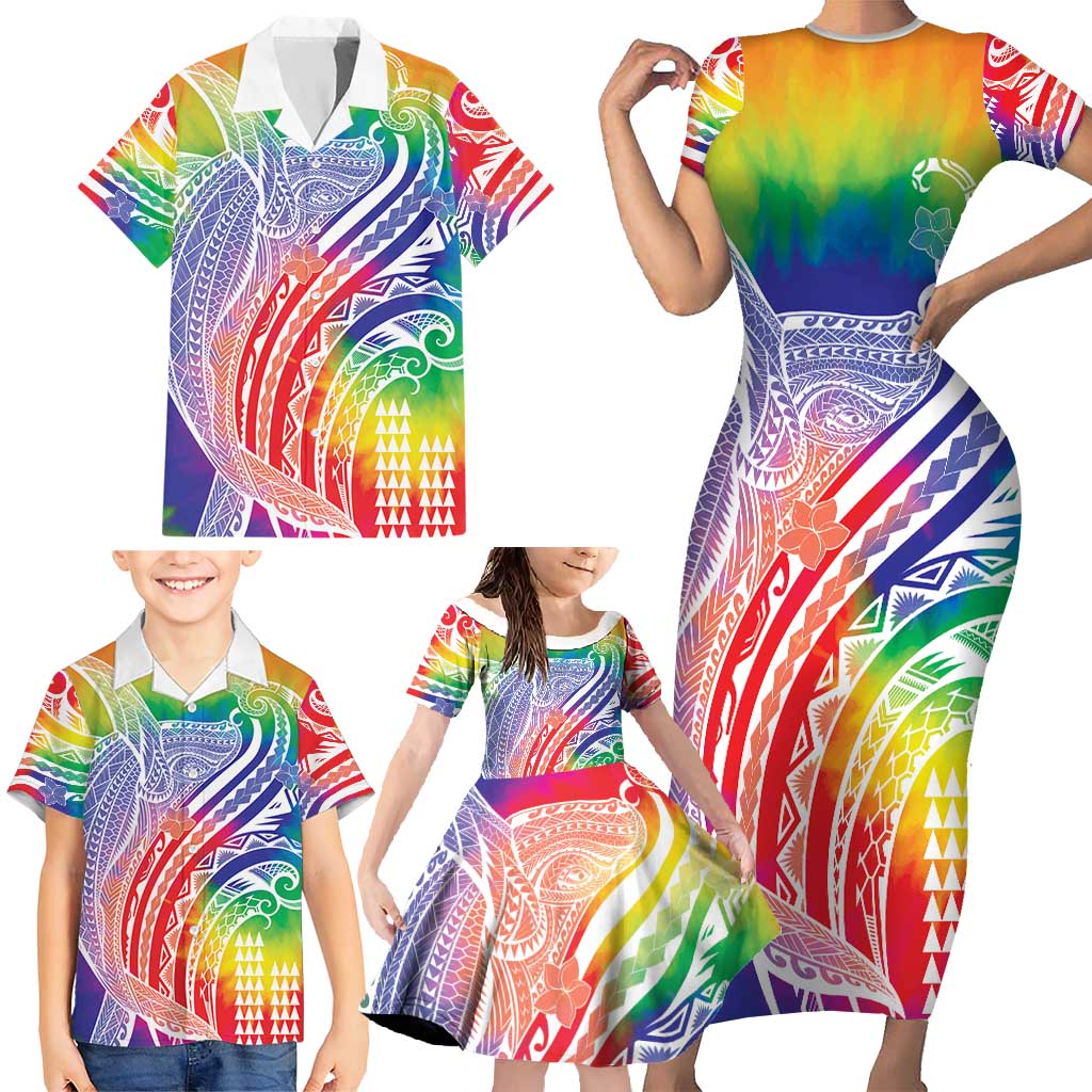 Aloha Pride Rainbow Tie Dye Family Matching Short Sleeve Bodycon Dress and Hawaiian Shirt Humpback Whale - Love is Love LT7 - Polynesian Pride