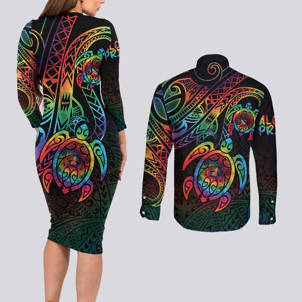 Hawaii Pride Couples Matching Long Sleeve Bodycon Dress and Long Sleeve Button Shirt Rainbow Swirls