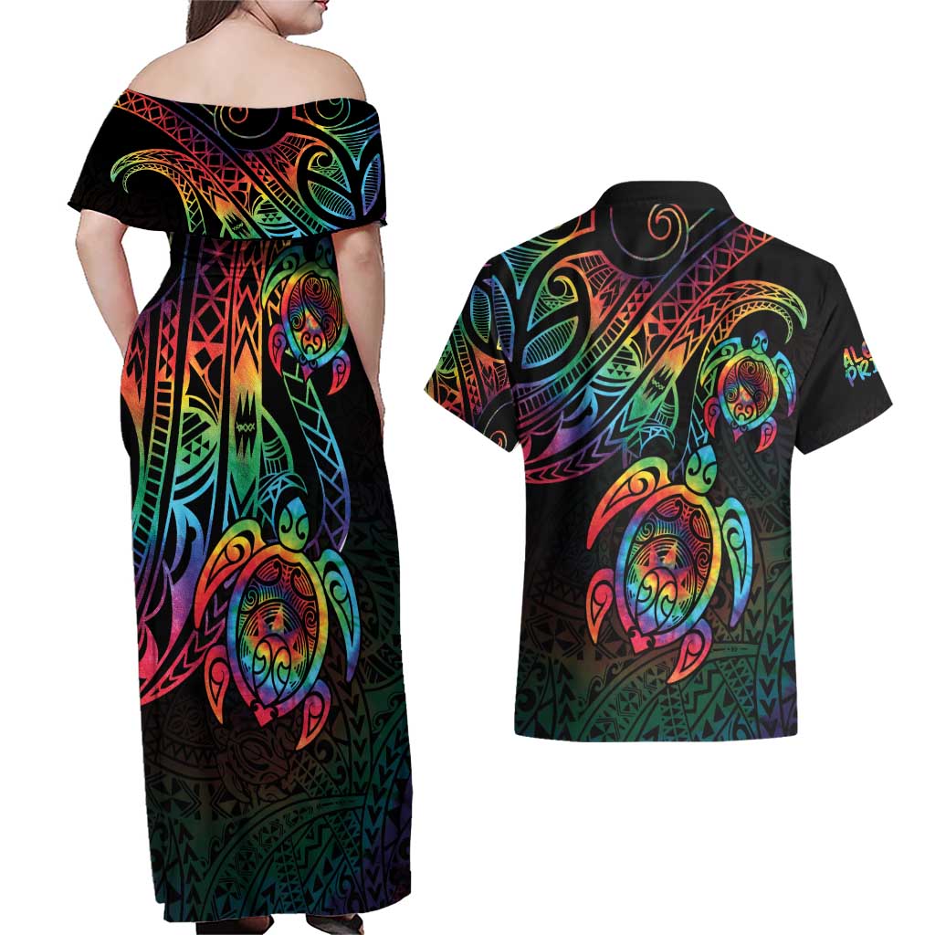 Hawaii Pride Couples Matching Off Shoulder Maxi Dress and Hawaiian Shirt Rainbow Swirls LT7 - Polynesian Pride