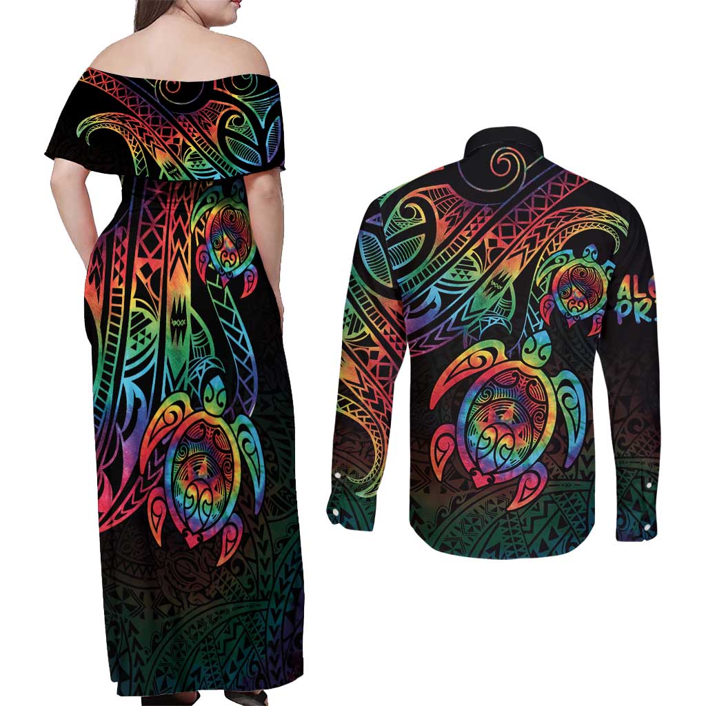 Hawaii Pride Couples Matching Off Shoulder Maxi Dress and Long Sleeve Button Shirt Rainbow Swirls