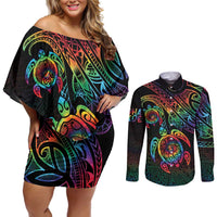 Hawaii Pride Couples Matching Off Shoulder Short Dress and Long Sleeve Button Shirt Rainbow Swirls